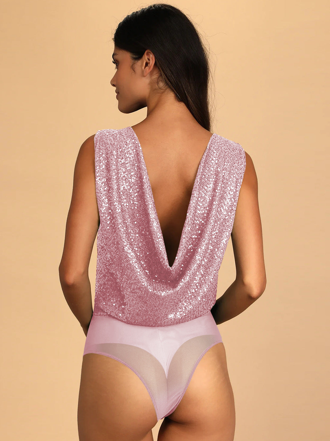 Glitzer-Bodysuit für Damen mit tiefem V-Ausschnitt, modisch