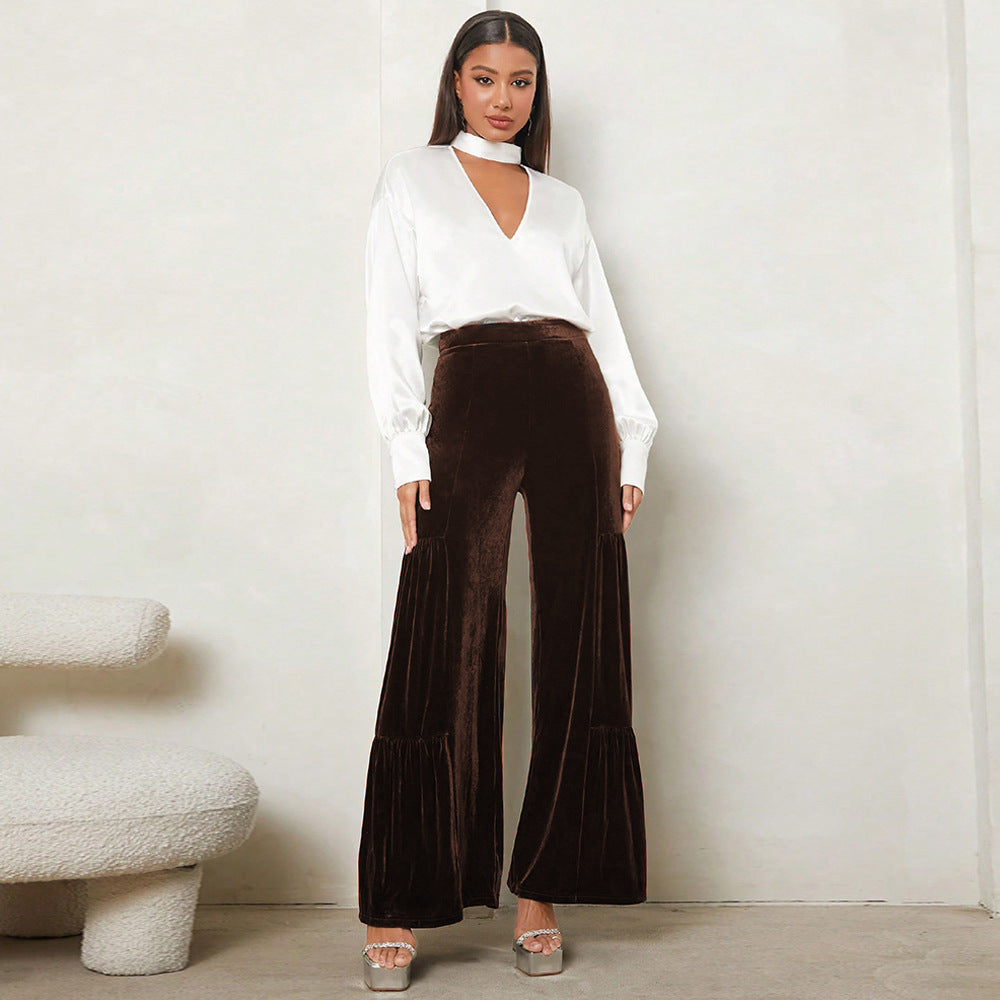 Damen Weit geschnittene Plüsch-Hose mit Falten und hohem Bund ModeGeist