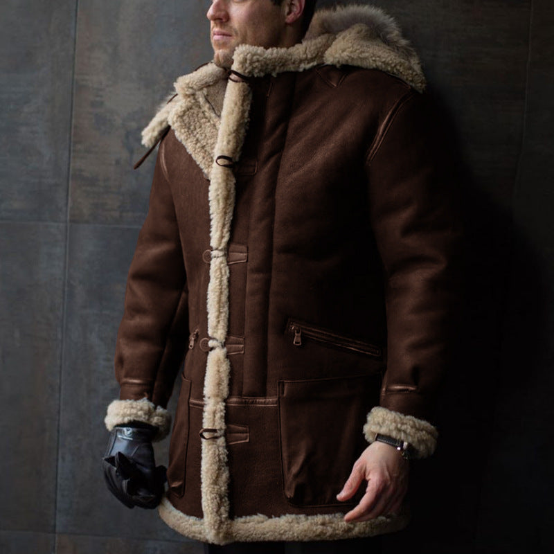 Herren Lammfell-Mantel mit Kapuze und praktischen Taschen ModeGeist