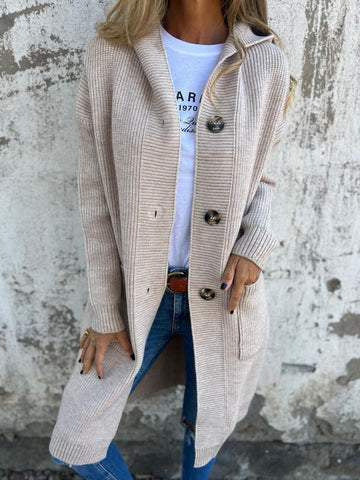 Damen Lange Strickjacke mit hochwertiger Rippstruktur und eleganten Knöpfen ModeGeist