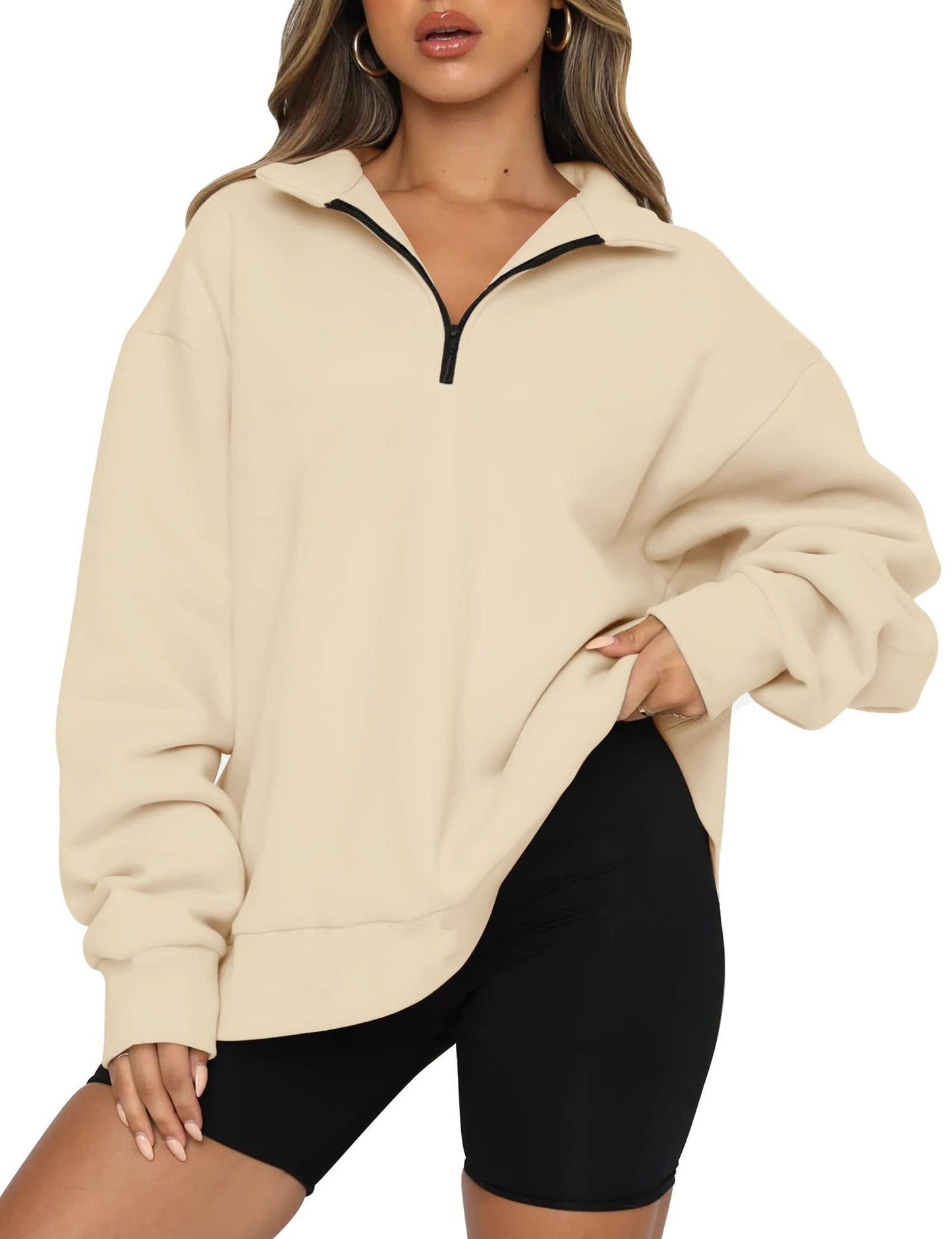 Damen Oversized Sweatshirt mit kurzem Reißverschluss und lässigem Schnitt ModeGeist