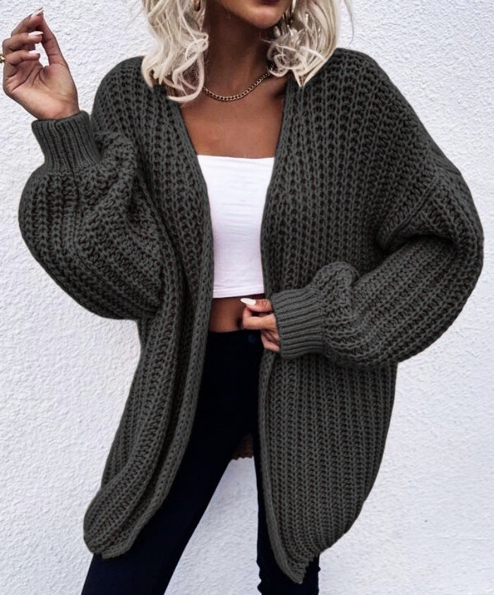 Damen lässiger Grobstrick-Cardigan mit tiefen Taschen und voluminösen Ärmeln ModeGeist