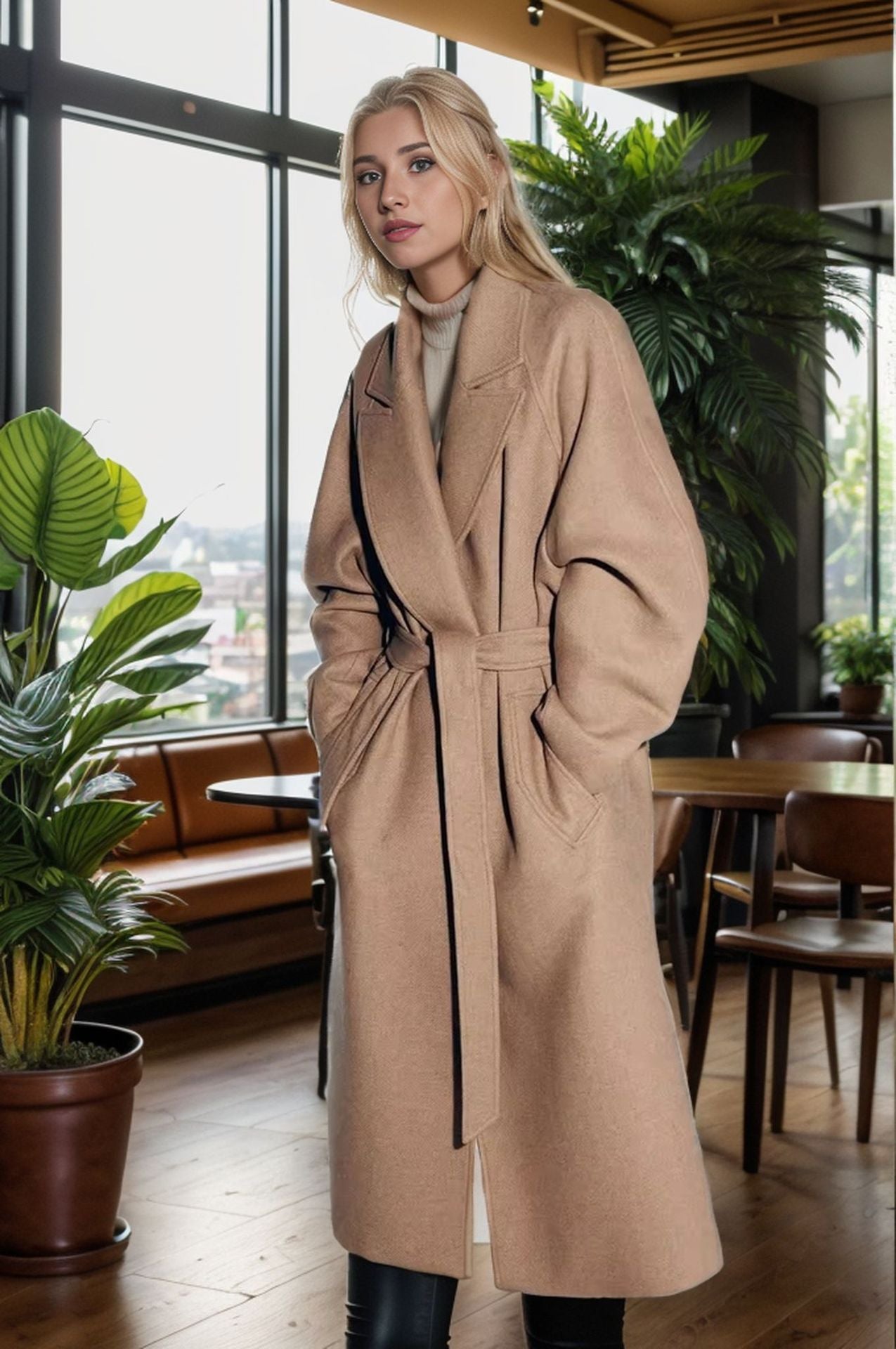Damen eleganter Wollmantel mit Gürtel und weit geschnittenen Ärmeln ModeGeist