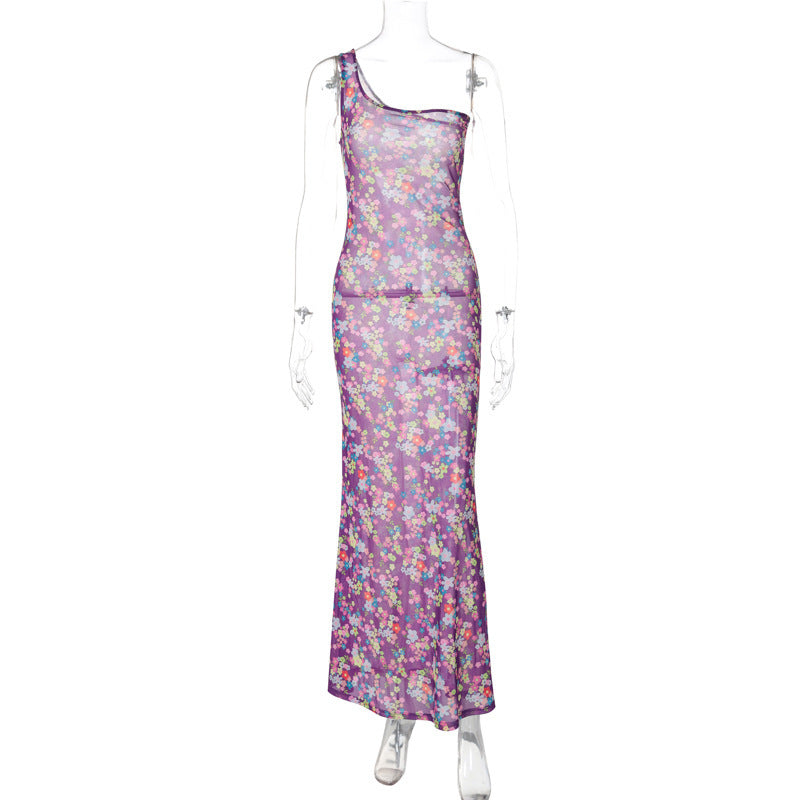 Modisches Damen-Maxikleid aus weichem Material, asymmetrischem Schnitt und farbenfrohem Blumenprint