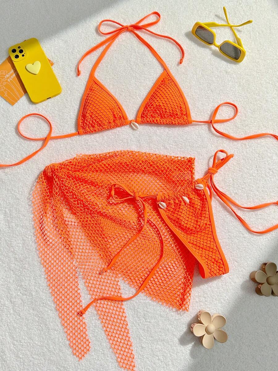 Modischer Damen-Bikini mit Dreiecks-Oberteil, Netz-Einsatz und verspielten Bindebändern