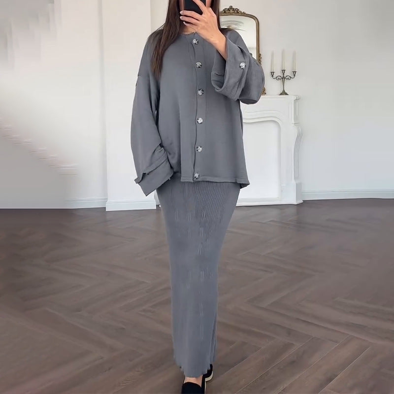 Damen Strickanzug mit elegantem Blazer und ärmellosem Maxikleid ModeGeist