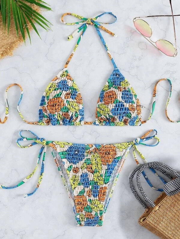 Modischer Damen-Bikini mit Dreieck-Oberteilen, Blumenprint und verstellbaren Trägern