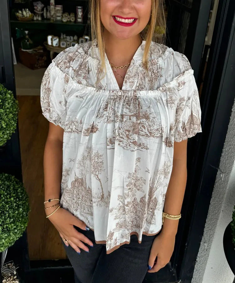 Modische Damen Vintage Baumwollbluse mit grafischem Druck