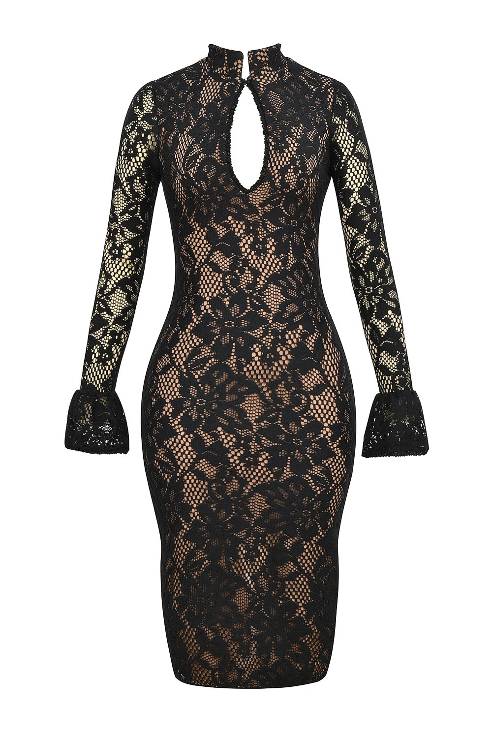 Damen Elegantes Spitzenkleid mit hochgeschlossenem Kragen und voluminösen Ärmel ModeGeist