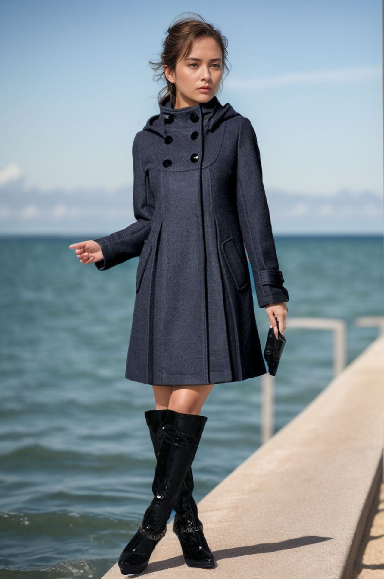 Damen eleganter Mantel mit hohem Kragen und funktionalen Taschen ModeGeist