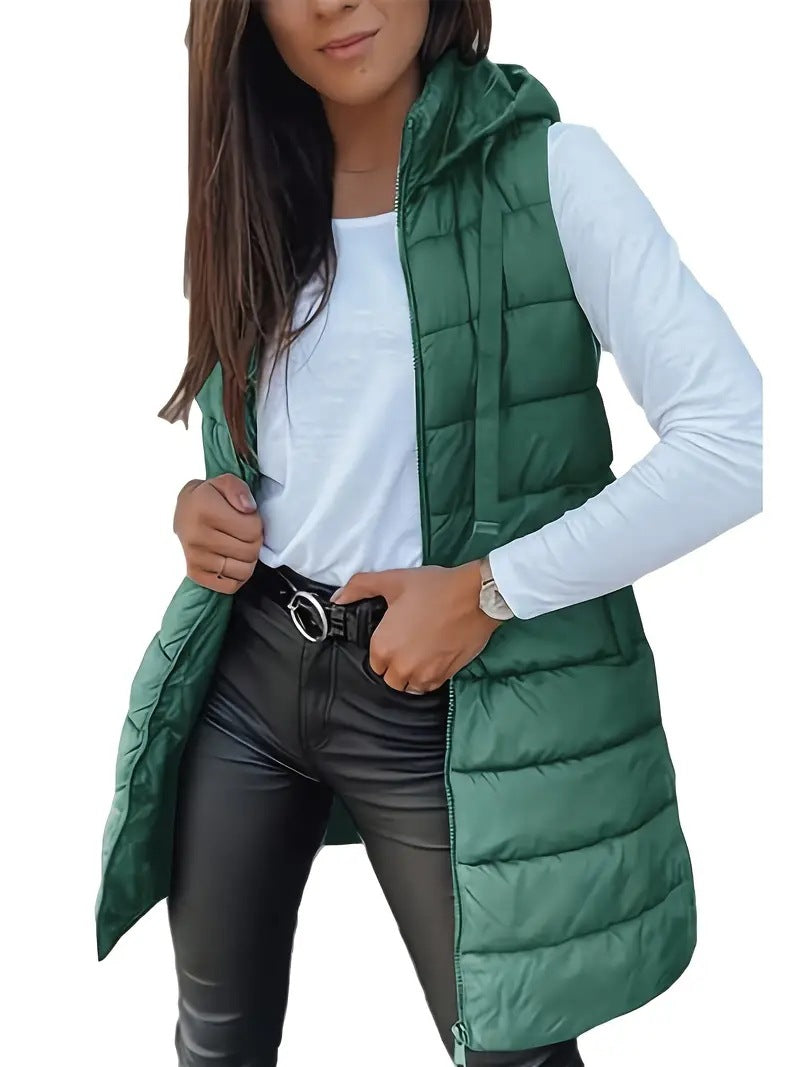 Damen Stylische gesteppte Weste mit Kapuze und langen Schnitt ModeGeist