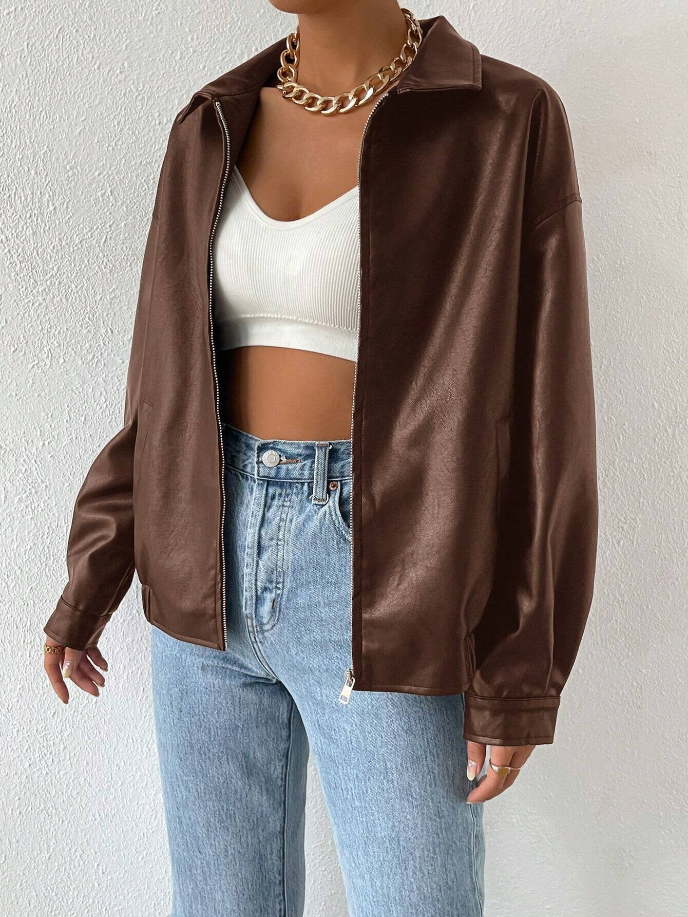Damen trendige Kunstlederjacke im modernen Schnitt mit lässigem Reißverschluss ModeGeist