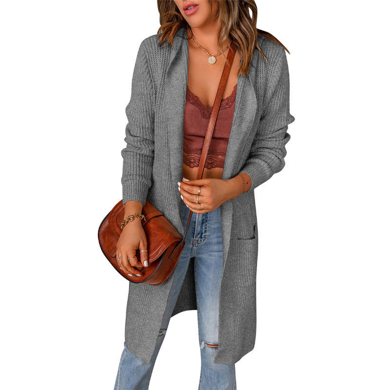 Damen lange Strickjacke mit offenen Kanten und Taschen ModeGeist