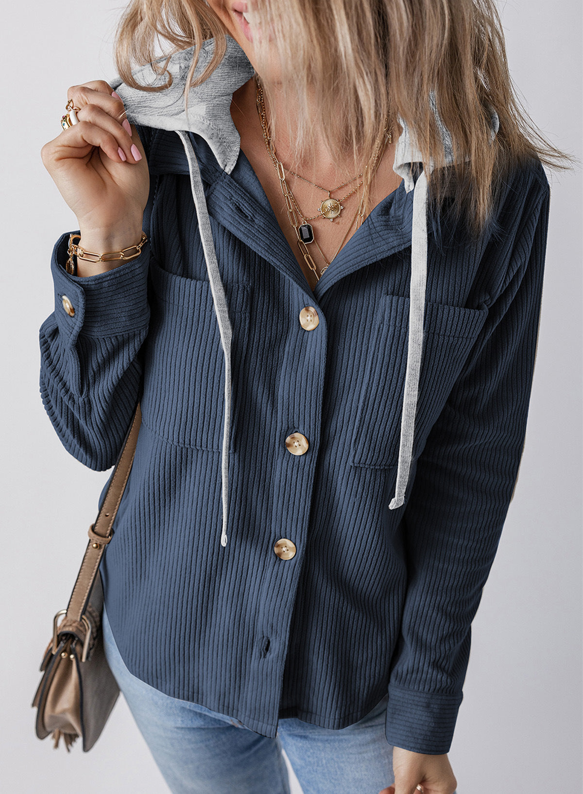 Damen lässige Rippenstruktur Hemdjacke mit Kapuze ModeGeist