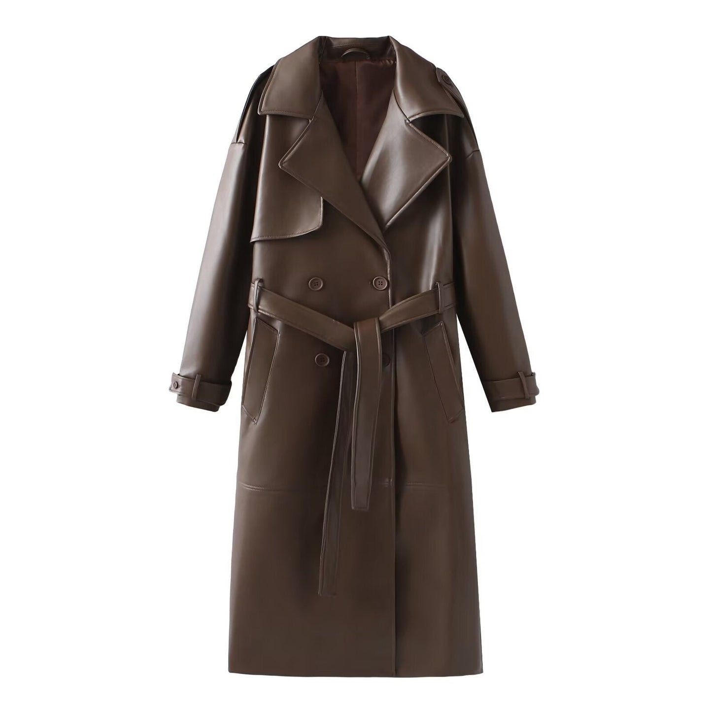 Damen Kunstleder-Trenchcoat mit modischem Schnitt und praktischen Taschen ModeGeist
