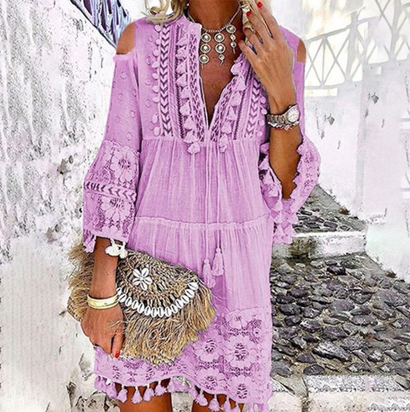 Off-Shoulder Boho Tunic for Women with Lace Details by MODEGEIST