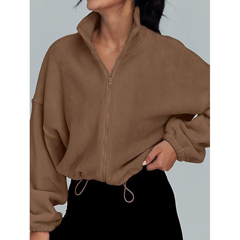 Damen trendy Oversize-Zip-Pullover mit hohem Kragen und Kordelzug ModeGeist
