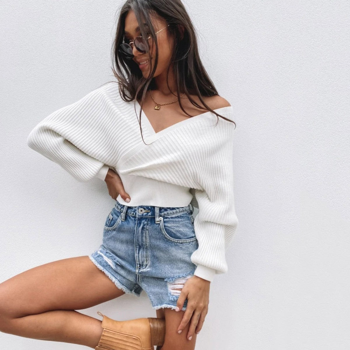 Damen lässiger V-Ausschnitt Pulli mit breiten Ärmeln und Rippstruktur ModeGeist