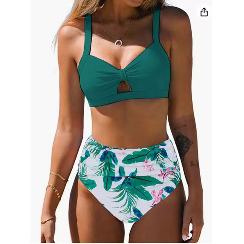 Modischer Damen-Bikini mit figurbetontem Schnitt und Blumenmuster-High-Waist-Hose