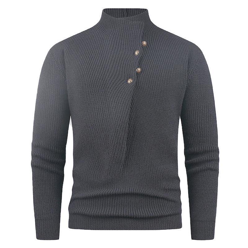 Herren Strickpullover mit asymmetrischem Kragen und dekorativen Holzknöpfen ModeGeist