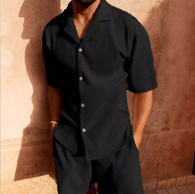 Herren Kurzarm Set aus atmungsaktivem Rippstoff mit moderne Knopfleiste ModeGeist