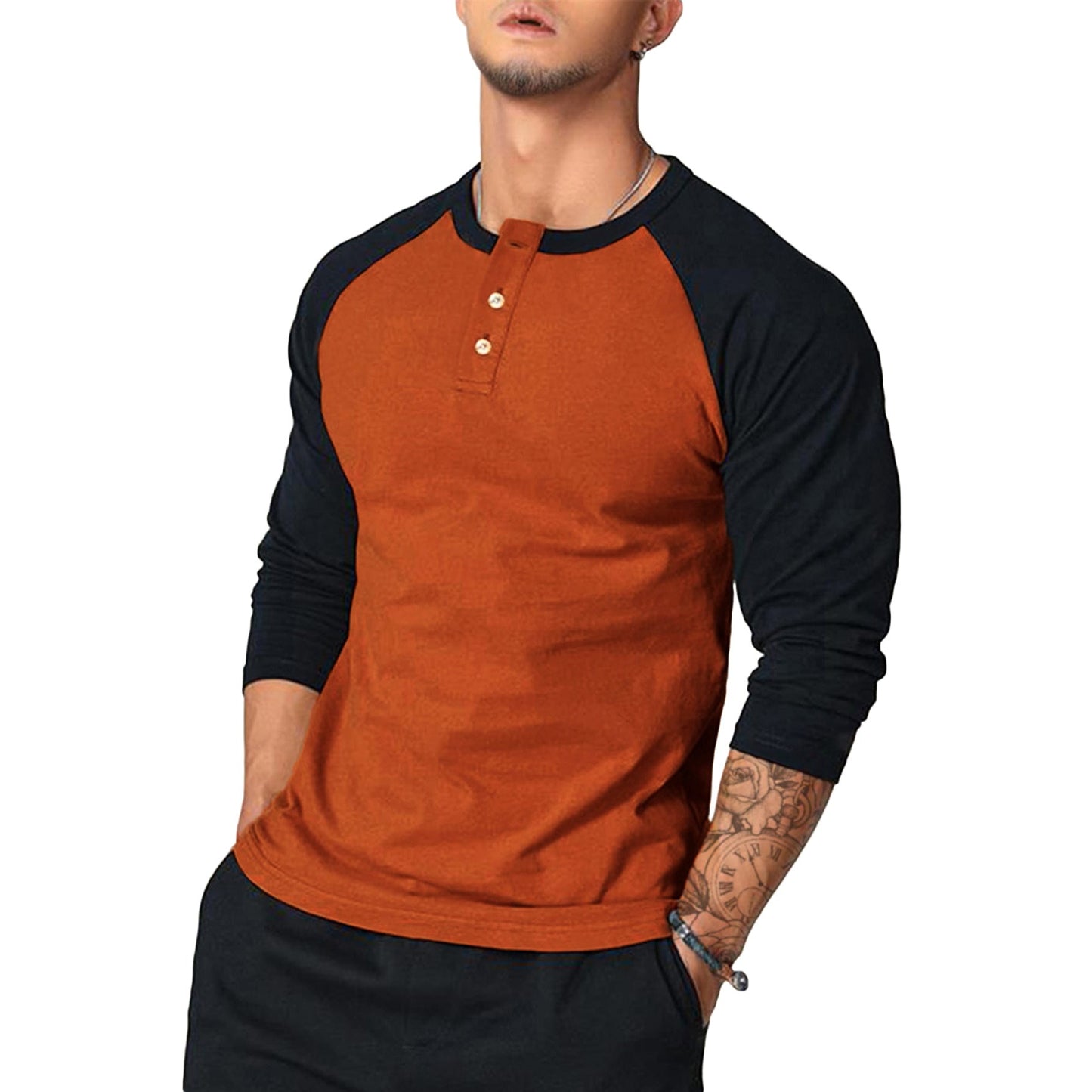 Herren Langarm-Henley-Shirt mit Kontrastärmel ModeGeist