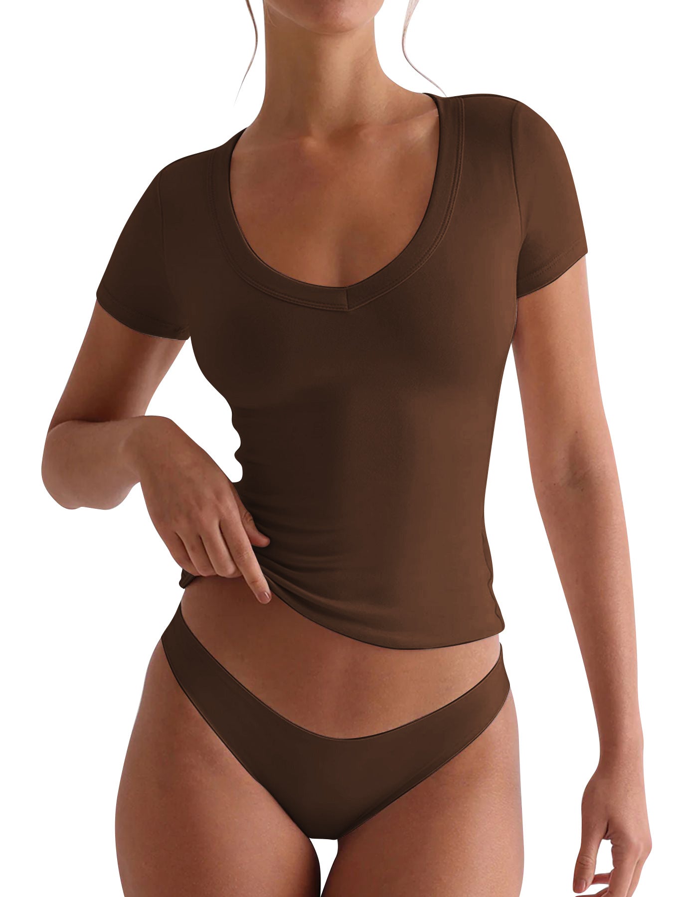 Damen figurbetontes V-Neck T-Shirt mit kurzen Ärmeln ModeGeist