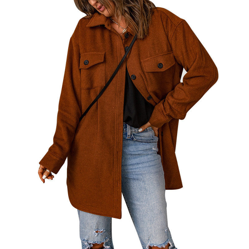Damen Übergröße Langarm-Hemdjacke mit funktionalen aufgesetzten Taschen und lässigem Schnitt ModeGeist