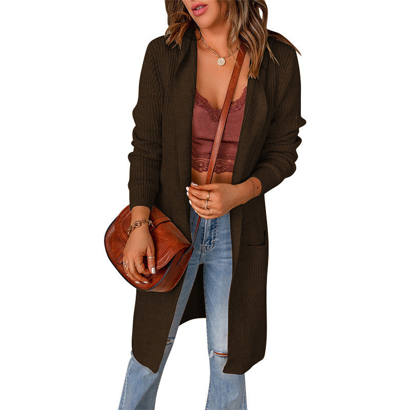 Damen lange Strickjacke mit offenen Kanten und Taschen ModeGeist