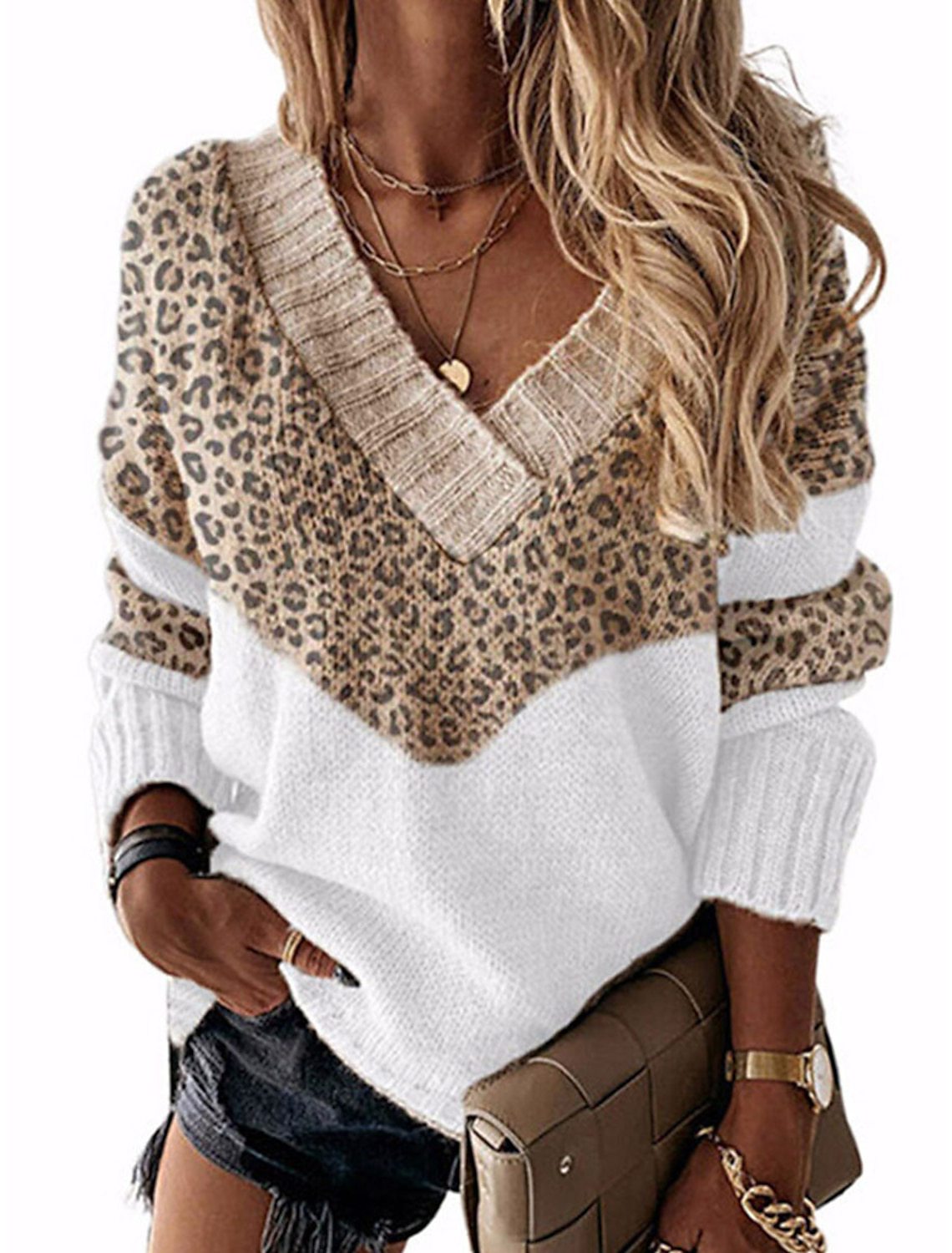 Damen modischer V-Ausschnitt Pullover mit Leopardenmuster ModeGeist