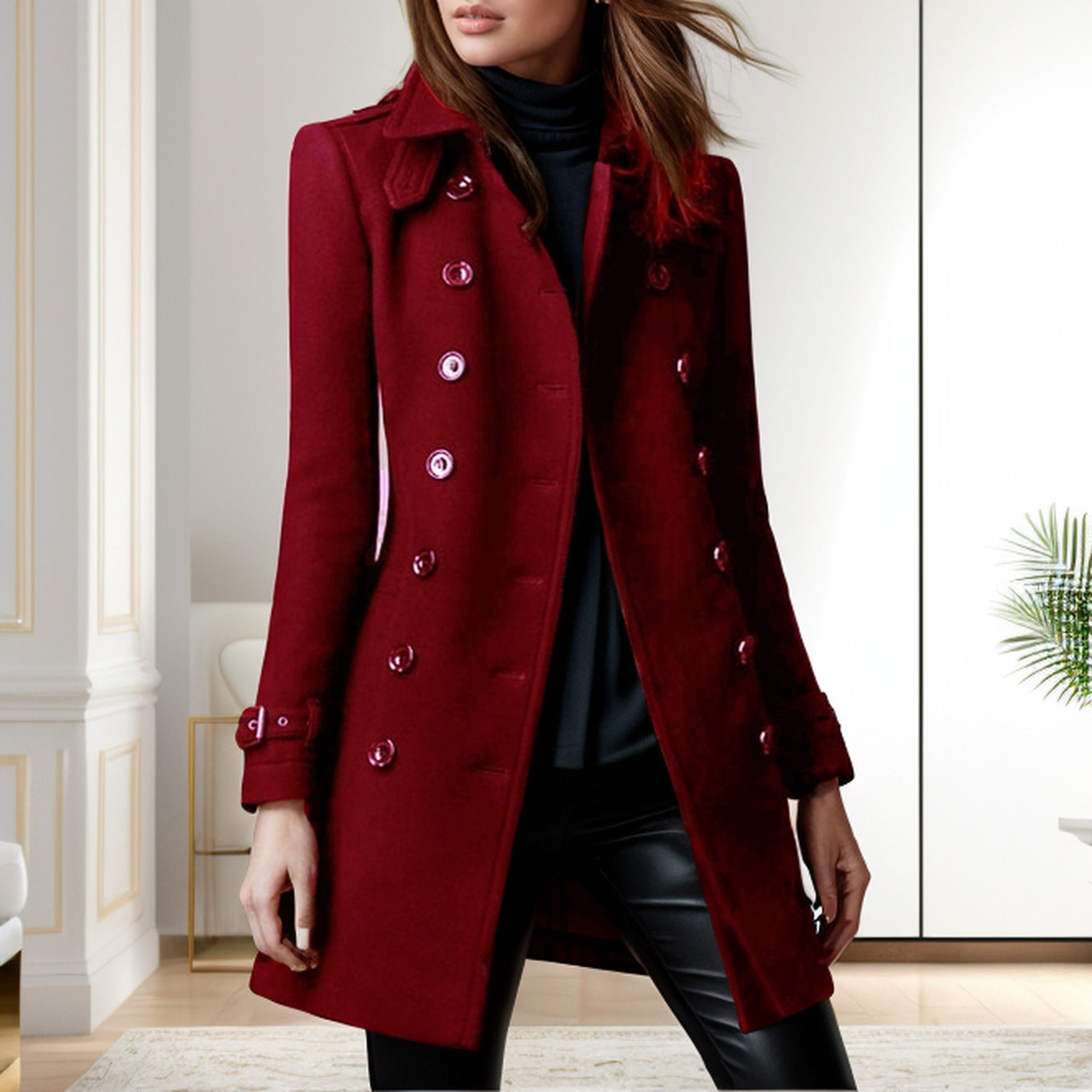 Damen eleganter Trenchcoat mit doppelter Knopfreihe und gewichtetem Kragen ModeGeist