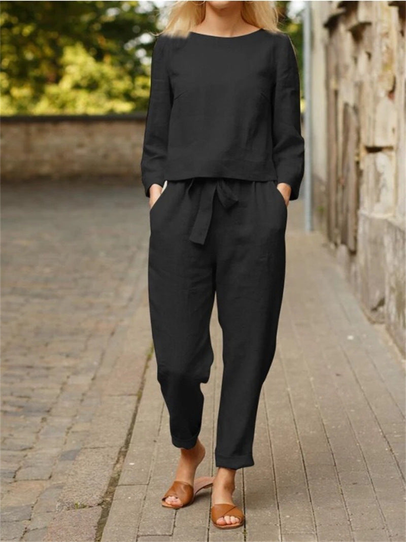 Damen Lässiges Zweiteiliges Leinen-Outfit mit breitem Bund ModeGeist