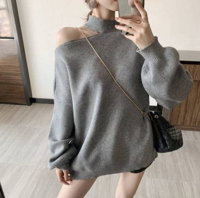 Damen Oversized Pullover mit schulterfreiem Design und hohen Kragen ModeGeist
