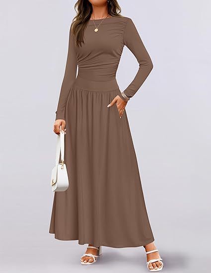 Damen Langärmliges Maxikleid mit eleganten Rüschendetails und praktischen Taschen ModeGeist