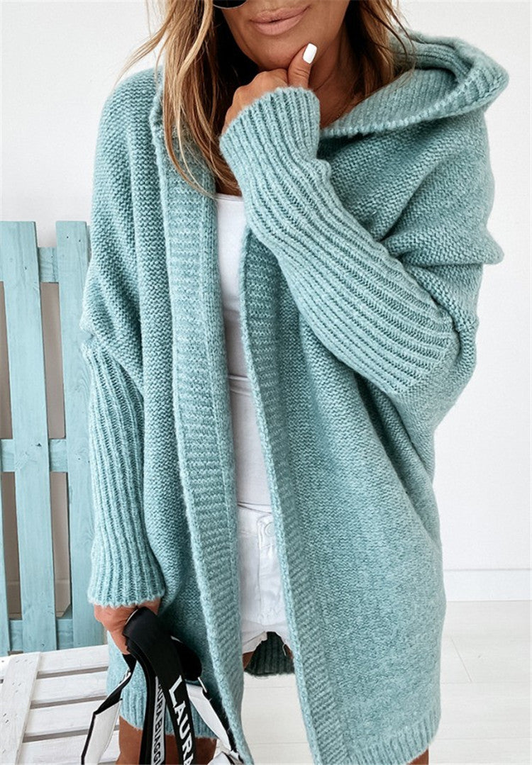 Damen gemütlicher Strickcardigan mit Kapuze und weit geschnittenen Ärmeln ModeGeist