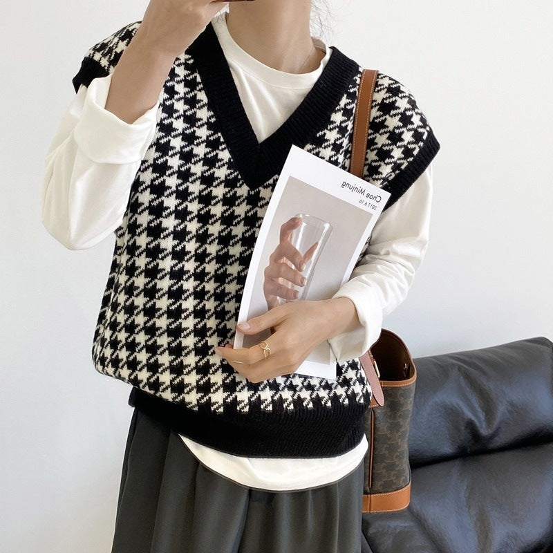 Damen modische Strickweste mit graphischem Hahnentrittmuster ModeGeist - ModeGeist