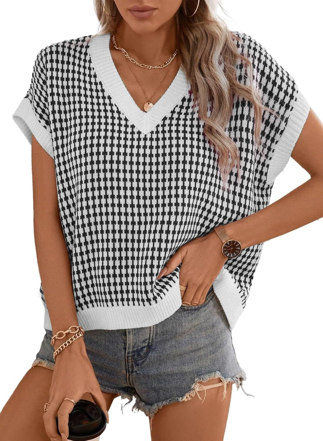Damen lässiger V-Ausschnitt Pullover mit geometrischem Muster ModeGeist