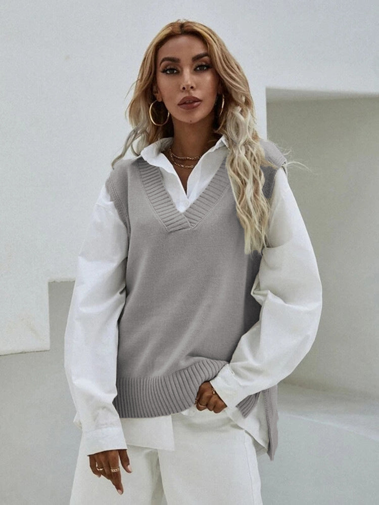 Damen Strickweste mit V-Ausschnitt und eleganter Rippenstruktur ModeGeist