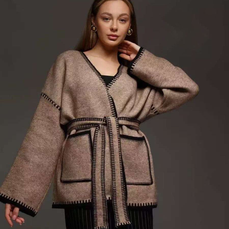 Damen Komfortabler Strick-Cardigan mit praktischen Taschen und Taillengürtel ModeGeist