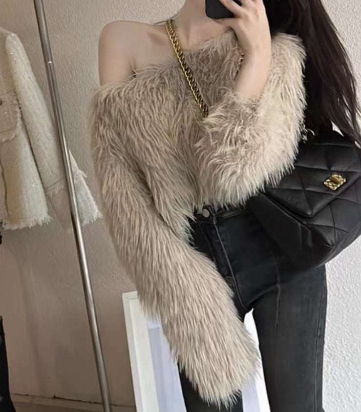 Damen Flauschiger Off-Shoulder-Pullover mit langen Ärmeln ModeGeist