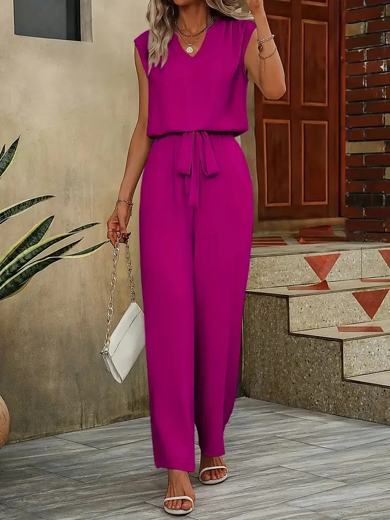 Damen Eleganter Jumpsuit mit V-Ausschnitt und Taillenknoten ModeGeist