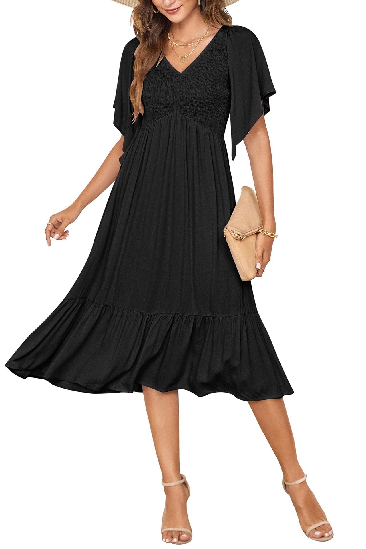 Elegantes Maxikleid mit flatternden Volantärmeln und V-Ausschnitt von MODEGEIST