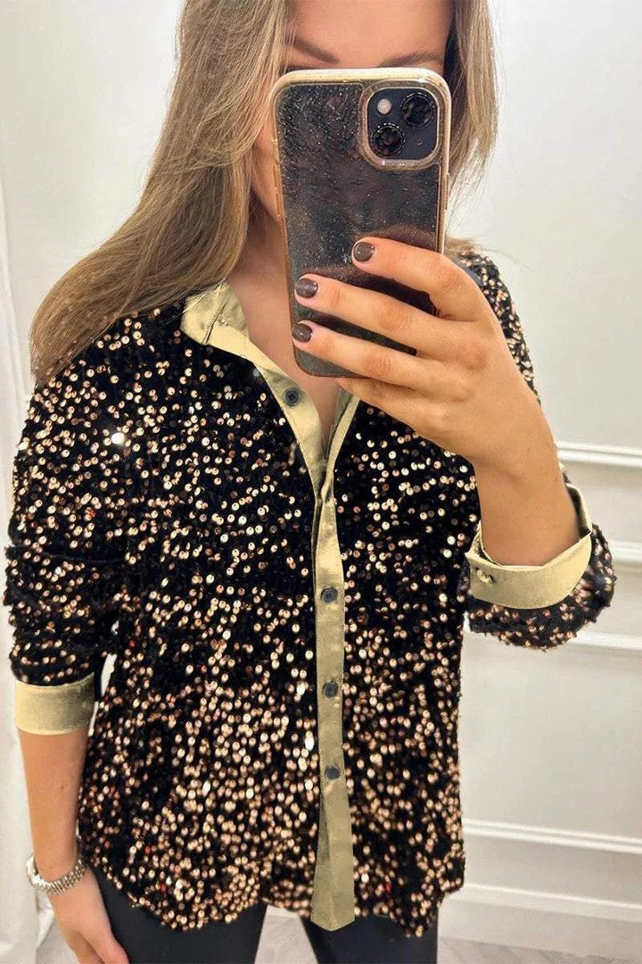 Damen Glitzernde Bluse aus Pailletten mit klassischem Kragen ModeGeist