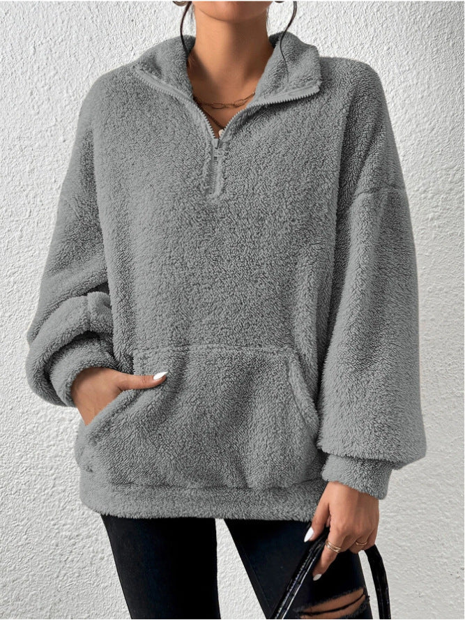 Damen Kuscheliger Fleece-Pullover mit Stehkragen und Eingrifftaschen ModeGeist