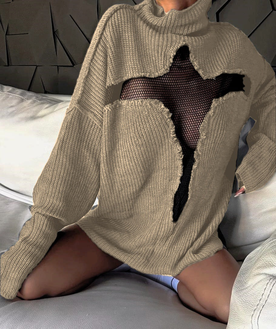 Damen Oversized Strickpullover mit aufregendem Mesh-Einsatz und unkonventionellem Design ModeGeist