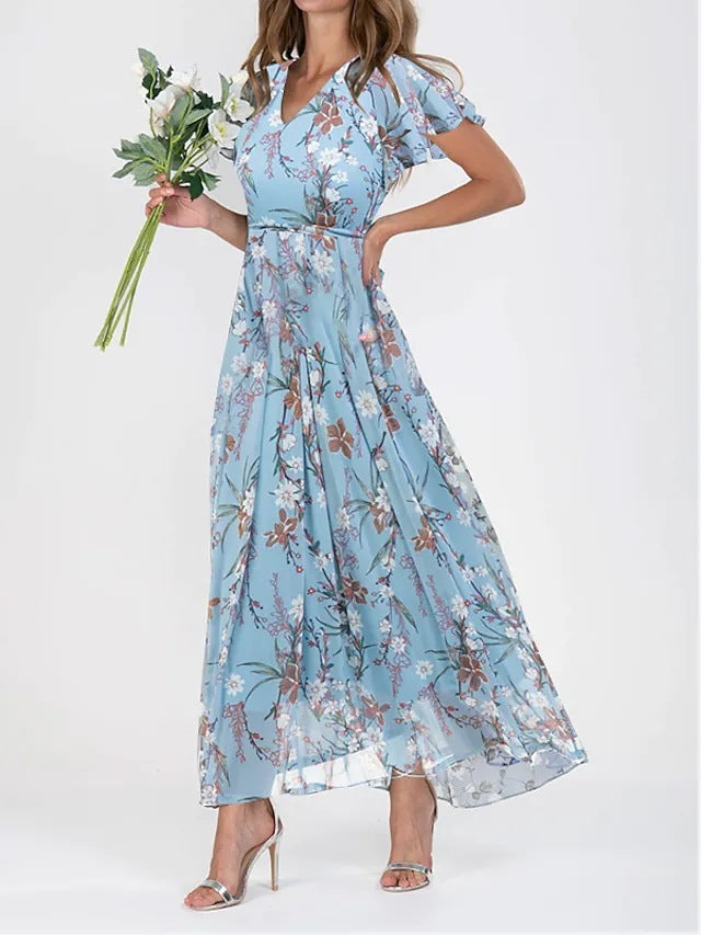 Fliessendes Damen-Maxikleid mit Rüschen und Blumenmuster von MODEGEIST