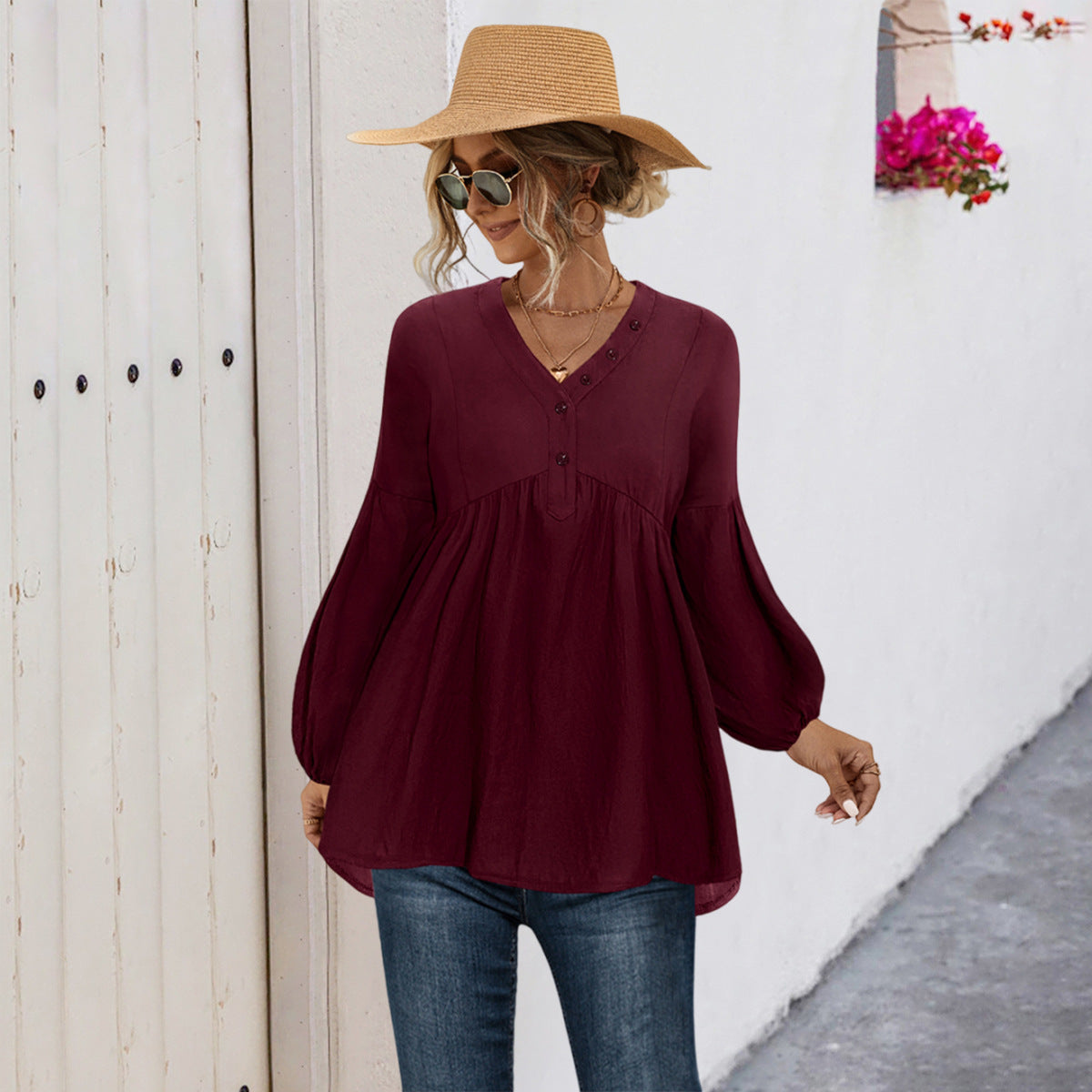 Damen Blusenshirt mit Knopfdetails und lockerer Passform ModeGeist