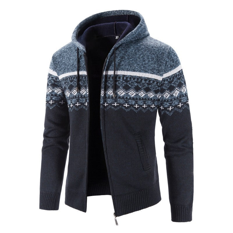 Herren Melierte Strickjacke mit Kapuze und Norweger-Muster ModeGeist