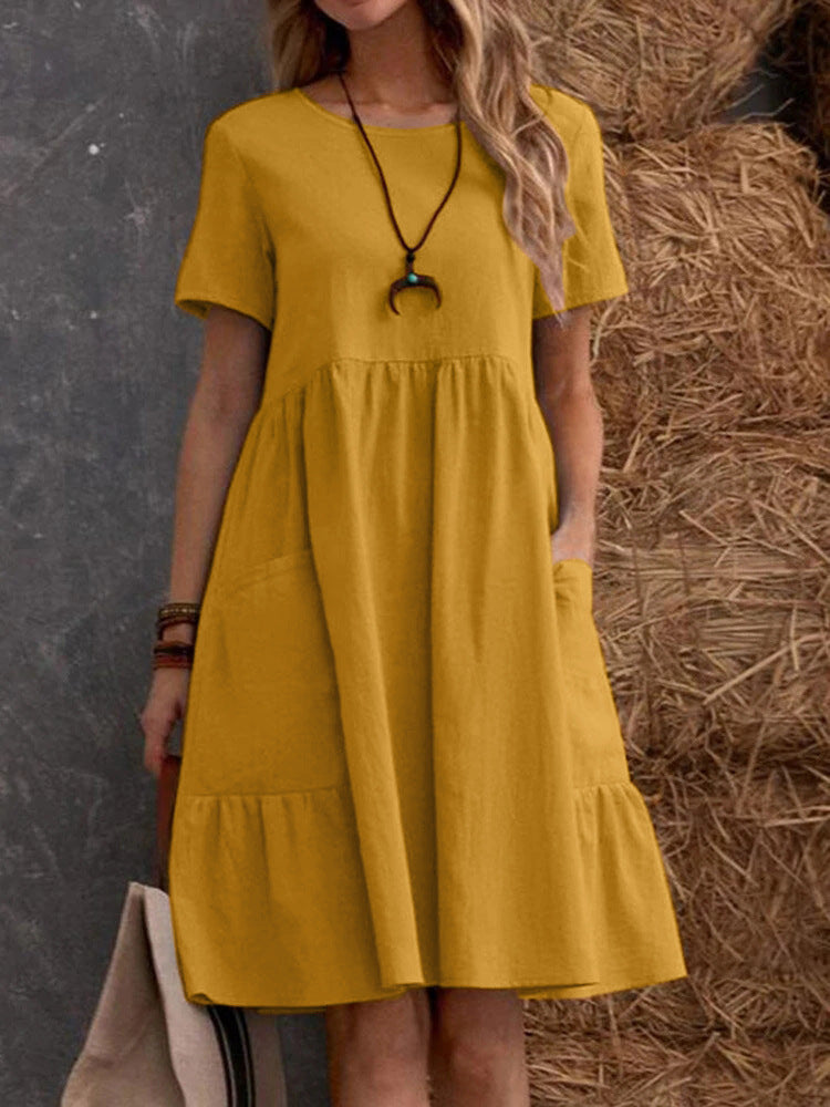 Modegeist Damenkleid: lässig, kurzärmelig, Doppelrüsche, Taschen