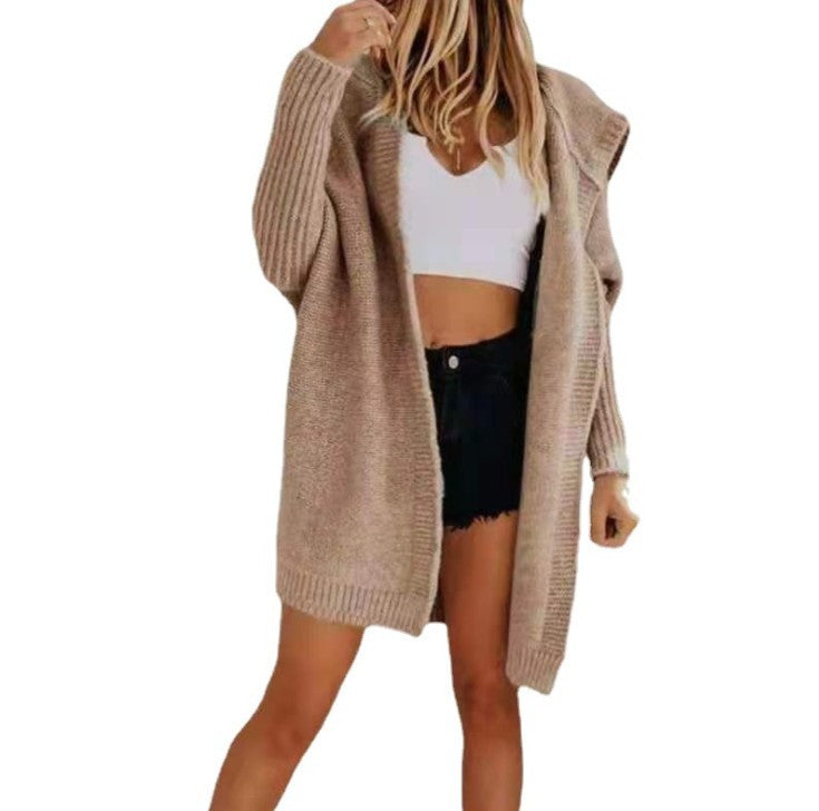 Damen Modische Strickjacke mit Kapuze und offenen Ärmeln ModeGeist